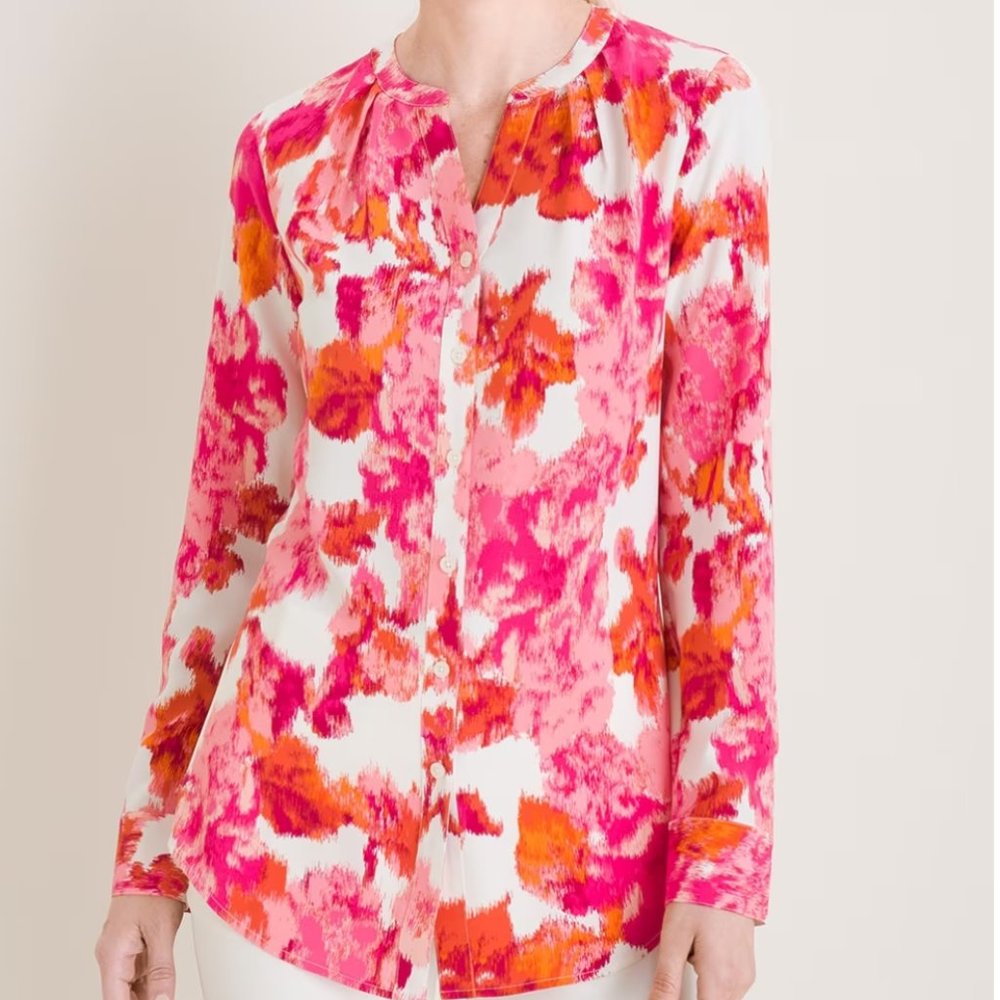 Chico's Floral Pleat-Neck Blouse - Size 3 (16/18-XL)